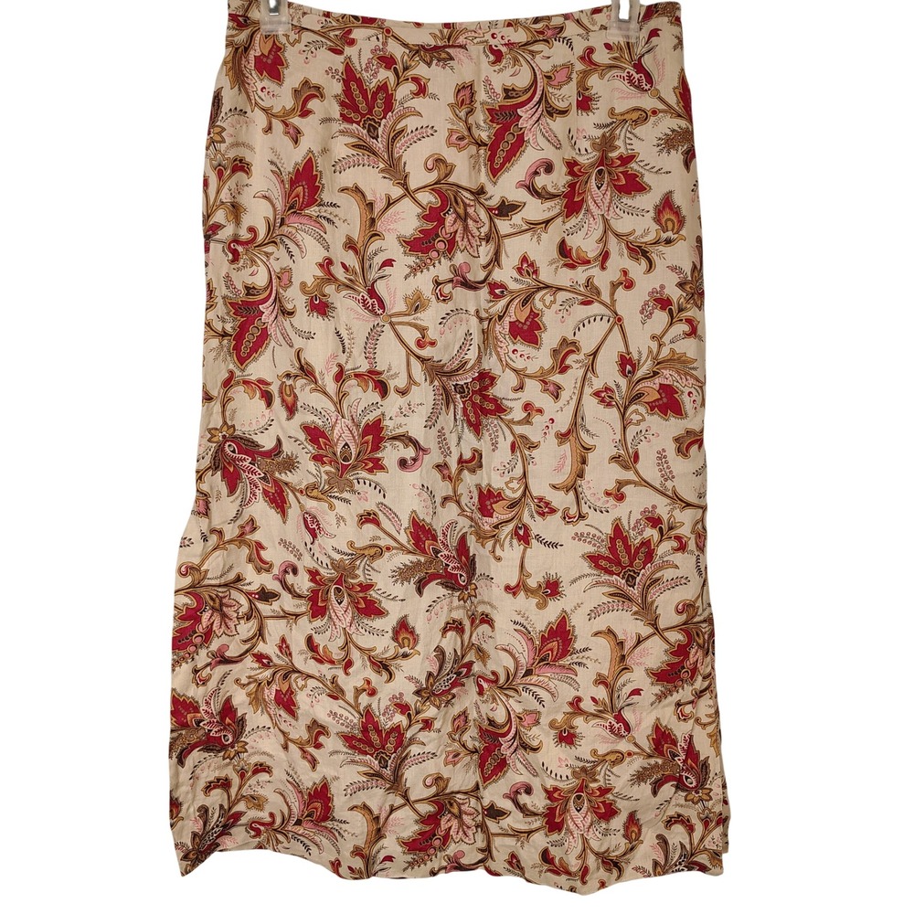 Charter Club 14W Linen Maxi Skirt Red Floral Paisley Side Slit Tan 100% Linen